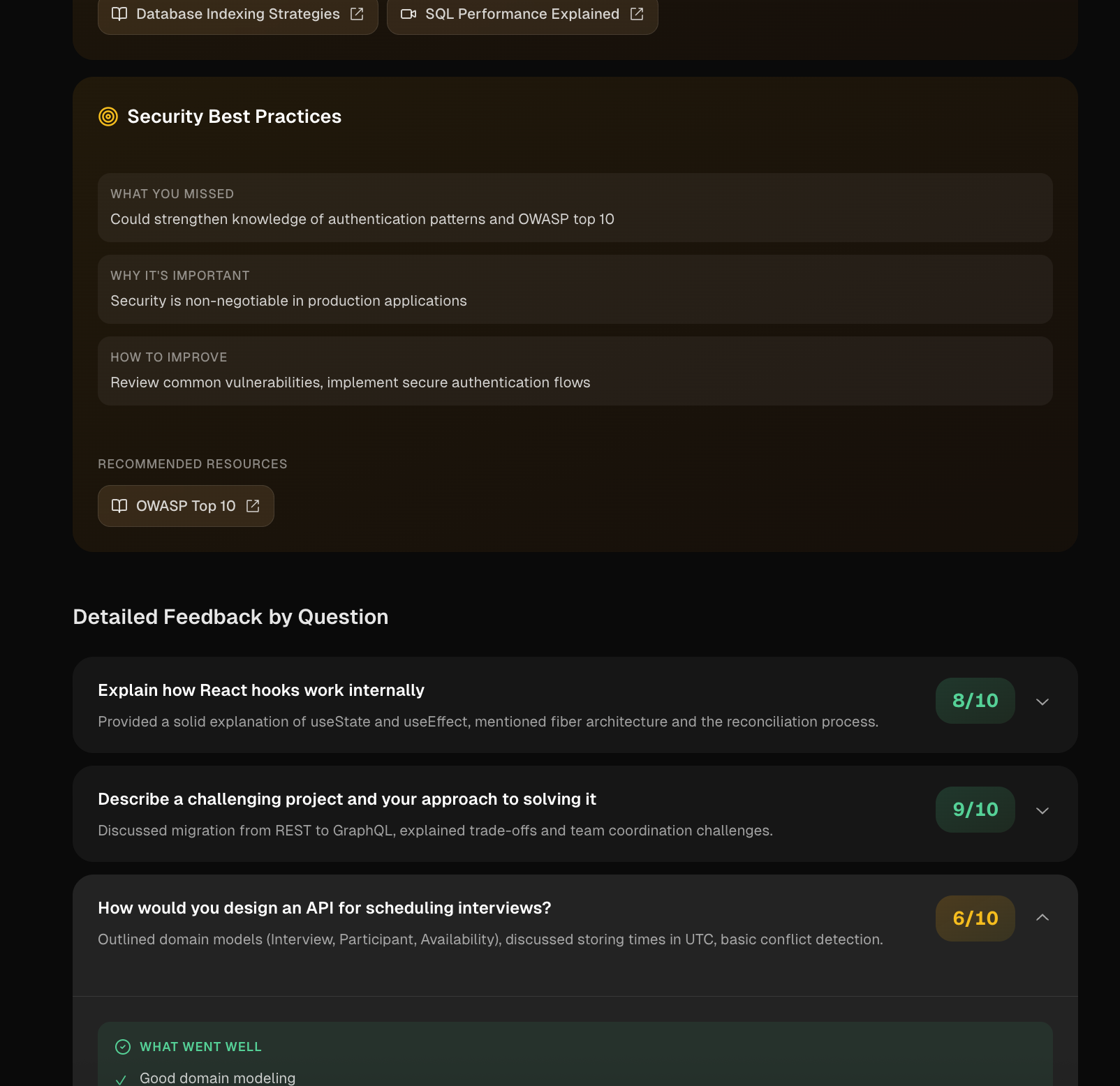 Feedback Screen - Detailed improvement suggestions and analysis